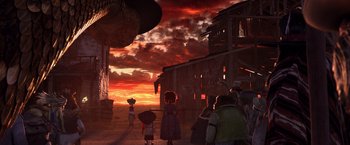 Movie still from “Rango” (2011), directed by Gore Verbinski – A group of people standing in front of an old building; Extreme Wide shot, High angle