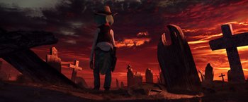 Movie still from “Rango” (2011), directed by Gore Verbinski – An image of a person standing in the middle of the desert; Wide shot, High angle