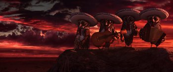 Movie still from “Rango” (2011), directed by Gore Verbinski – A group of birds dressed in mexican costumes; Wide shot, Low angle