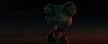 Movie still from “Rango” (2011), directed by Gore Verbinski – The head and neck of a lizard; Close Up shot, Low angle