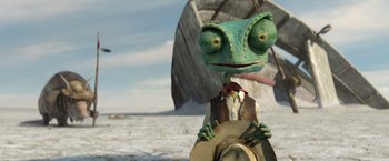Movie still from “Rango” (2011), directed by Gore Verbinski – A lizard with a cowboy hat and a cowboy suit on; Close Up shot, Low angle