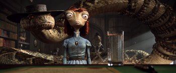 Movie still from “Rango” (2011), directed by Gore Verbinski – An image of an animated character in a movie scene; Close Up shot, Over the shoulder angle