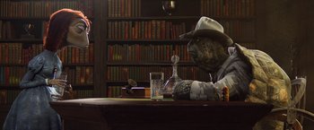 Movie still from “Rango” (2011), directed by Gore Verbinski – A man sitting at a table in a library; Medium shot, Low angle