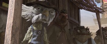 Movie still from “Rango” (2011), directed by Gore Verbinski – A group of people dressed up like birds; Medium shot, Low angle