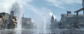 Movie still from “Rango” (2011), directed by Gore Verbinski – A water fountain spraying water into a city; Extreme Wide shot, Low angle