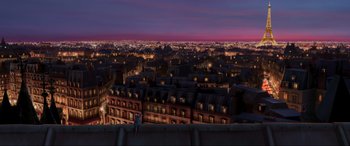 Movie still from “Ratatouille” (2007), directed by Jan Pinkava – An aerial view of a city at night with lights on buildings; Extreme Wide shot, High angle