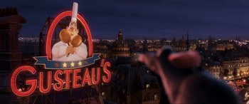 Movie still from “Ratatouille” (2007), directed by Jan Pinkava – A man pointing to a sign that reads " beau's "; Medium shot, Low angle