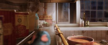 Movie still from “Ratatouille” (2007), directed by Jan Pinkava – A kitchen with a sink and a window; Extreme Close Up shot, High angle