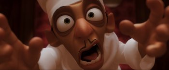 Movie still from “Ratatouille” (2007), directed by Jan Pinkava – An image of an animated character with a surprised look on his face; Extreme Close Up shot, Overhead angle