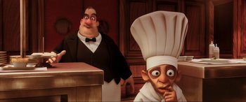 Movie still from “Ratatouille” (2007), directed by Jan Pinkava – A chef and an old man in a restaurant scene; Medium shot, Over the shoulder angle