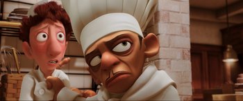 Movie still from “Ratatouille” (2007), directed by Jan Pinkava – An animated character wearing a chef's hat; Close Up shot, Low angle