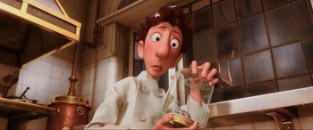 Movie still from “Ratatouille” (2007), directed by Jan Pinkava – An image of an animated character holding a jar; Close Up shot, Low angle
