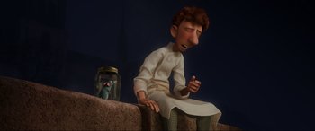 Movie still from “Ratatouille” (2007), directed by Jan Pinkava – An animated character sitting next to a glass jar; Medium shot, Low angle