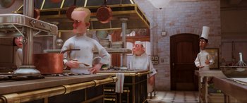 Movie still from “Ratatouille” (2007), directed by Jan Pinkava – A painting of two chefs in a kitchen; Medium shot, Over the shoulder angle