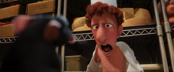 Movie still from “Ratatouille” (2007), directed by Jan Pinkava – An image of an animated character in a kitchen scene; Close Up shot, Low angle