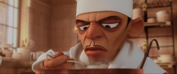 Movie still from “Ratatouille” (2007), directed by Jan Pinkava – An animated character is looking at a spoon; Close Up shot, Low angle