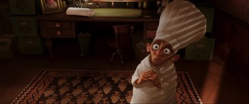 Movie still from “Ratatouille” (2007), directed by Jan Pinkava – An image of an animated character wearing a chef's outfit; Medium shot, High angle