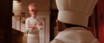 Movie still from “Ratatouille” (2007), directed by Jan Pinkava – A cartoon of a chef looking at himself in the mirror; Medium shot, Over the shoulder angle