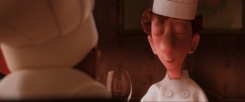 Movie still from “Ratatouille” (2007), directed by Jan Pinkava – A person in a chef's outfit looking at a glass of wine; Close Up shot, Over the shoulder angle