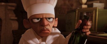 Movie still from “Ratatouille” (2007), directed by Jan Pinkava – An animated character wearing a chef's hat; Close Up shot, Low angle