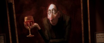 Movie still from “Ratatouille” (2007), directed by Jan Pinkava – An old man holding a glass of red wine; Extreme Close Up shot, High angle