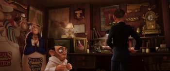 Movie still from “Ratatouille” (2007), directed by Jan Pinkava – An image of an animated character in a living room setting; Wide shot, Over the shoulder angle