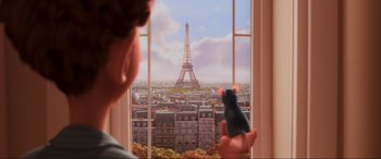 Movie still from “Ratatouille” (2007), directed by Jan Pinkava – A person looking out of a window at the eiffel tower; Wide shot, Over the shoulder angle