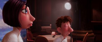 Movie still from “Ratatouille” (2007), directed by Jan Pinkava – Two animated characters in a dimly - lit room; Close Up shot, Over the shoulder angle