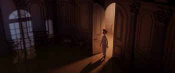 Movie still from “Ratatouille” (2007), directed by Jan Pinkava – A woman is walking through a doorway in a room; Wide shot, High angle