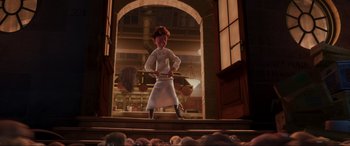 Movie still from “Ratatouille” (2007), directed by Jan Pinkava – An animated character is standing in front of a bunch of food; Wide shot, Low angle