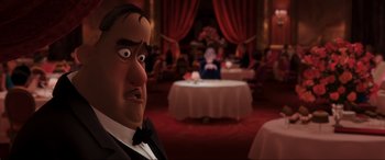 An image of an animated character in a restaurant setting