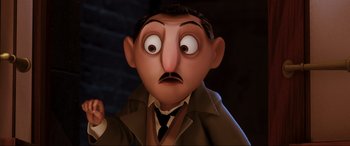 Movie still from “Ratatouille” (2007), directed by Jan Pinkava – An animated man with a surprised look on his face; Close Up shot, Low angle