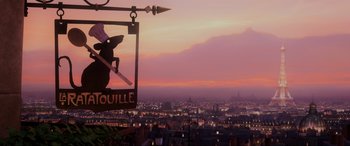Movie still from “Ratatouille” (2007), directed by Jan Pinkava – A view of a city at sunset from a restaurant; Extreme Wide shot, Low angle