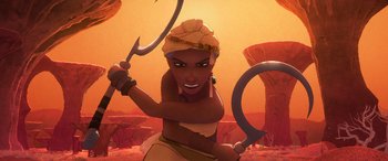 Movie still from “Raya and the Last Dragon” (2021), directed by Don Hall – An animated woman holding a pair of scissors; Medium shot, Low angle