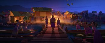 Movie still from “Raya and the Last Dragon” (2021), directed by Don Hall – A group of people standing on a dock at night; Extreme Wide shot, Low angle