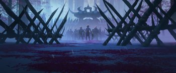 Movie still from “Raya and the Last Dragon” (2021), directed by Don Hall – A group of people standing in front of a crowd of people; Extreme Wide shot, Low angle