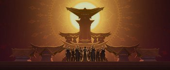 Movie still from “Raya and the Last Dragon” (2021), directed by Don Hall – A group of people standing in front of a building; Extreme Wide shot, Low angle