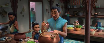 Movie still from “Raya and the Last Dragon” (2021), directed by Don Hall – A man and a child are eating food together; Medium shot, Over the shoulder angle
