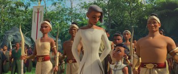 Movie still from “Raya and the Last Dragon” (2021), directed by Don Hall – A group of people standing next to each other in a forest; Medium shot, Over the shoulder angle