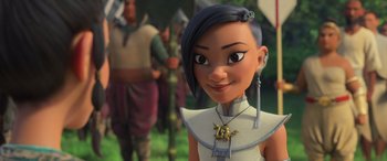Movie still from “Raya and the Last Dragon” (2021), directed by Don Hall – An animated character is smiling for the camera; Close Up shot, Over the shoulder angle