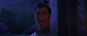 Movie still from “Raya and the Last Dragon” (2021), directed by Don Hall – A person with a bun on their head; Close Up shot, Over the shoulder angle