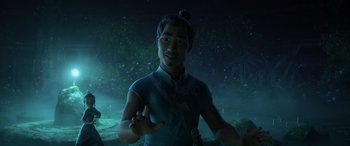 Movie still from “Raya and the Last Dragon” (2021), directed by Don Hall – An animated character is standing in the dark; Medium shot, Over the shoulder angle
