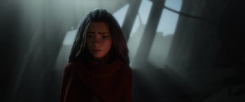 Movie still from “Raya and the Last Dragon” (2021), directed by Don Hall – A woman with long black hair is looking at the camera; Close Up shot, Over the shoulder angle