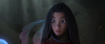 Movie still from “Raya and the Last Dragon” (2021), directed by Don Hall – A doll's face with eyes wide open; Close Up shot, Over the shoulder angle