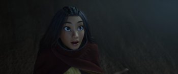 Movie still from “Raya and the Last Dragon” (2021), directed by Don Hall – A doll's face in a dark room; Close Up shot, Over the shoulder angle