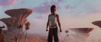 Movie still from “Raya and the Last Dragon” (2021), directed by Don Hall – An animated woman holding a knife in her hand; Wide shot, Over the shoulder angle