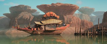 Movie still from “Raya and the Last Dragon” (2021), directed by Don Hall – An animated scene of a boat in the middle of a lake; Extreme Wide shot, Low angle