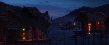 Movie still from “Raya and the Last Dragon” (2021), directed by Don Hall – A hut on stilts in the middle of the night; Extreme Wide shot, Low angle