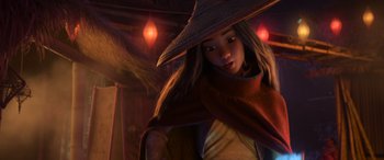 Movie still from “Raya and the Last Dragon” (2021), directed by Don Hall – An animated woman with a hat on her head; Close Up shot, Low angle