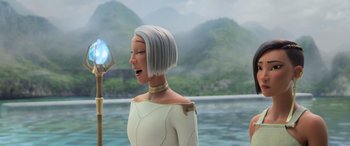 Movie still from “Raya and the Last Dragon” (2021), directed by Don Hall – An animated woman is looking into a mirror; Medium shot, Low angle